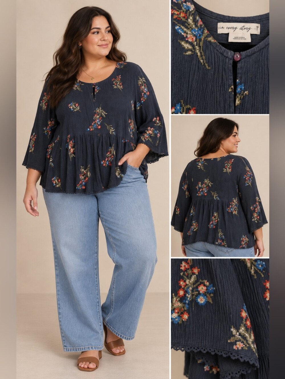 🌟2/$15 Plus Size Navy Floral Peplum Blouse